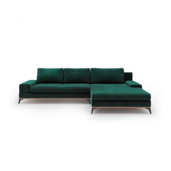 Colțar extensibil cu tapițerie de catifea și șezlong pe partea dreaptă Windsor & Co Sofas Astre, verde smarald