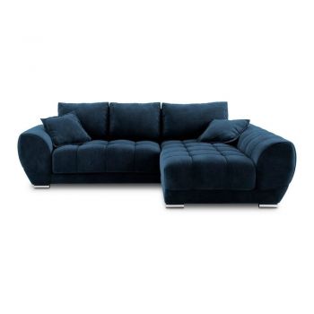 Colțar extensibil cu tapițerie de catifea și șezlong pe partea dreaptă Windsor & Co Sofas Nuage, albastru la reducere