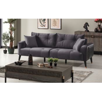 Canapea tapitata cu stofa si piele ecologica, 3 locuri, cu functie sleep pentru 1 persoana Wella Gri K1, l217xA98xH76 cm