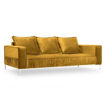 Canapea clasică Winona 3 locuri , 85x98x216 cm, catifea/ metal/ lemn de pin/ pal/ placaj, galben