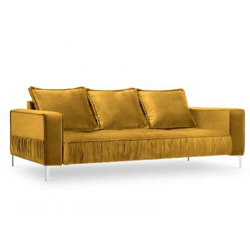 Canapea clasică Winona 3 locuri , 85x98x216 cm, catifea/ metal/ lemn de pin/ pal/ placaj, galben