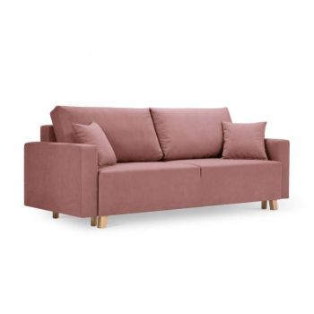Canapea extensibilă cu depozitare Theodora 3 locuri, stofa/ lemn de pin/ pal/ placaj, roz