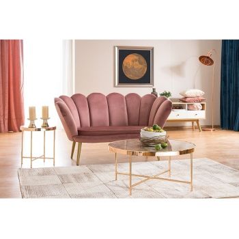 Canapea fixa tapitata cu stofa, 2 locuri Magnolia II Velvet Roz / Auriu, l152xA85xH87 cm