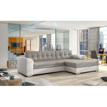 Colțar dreapta extensibil Conforti Grey White, 80x165x270 cm, spuma/ lemn/ poliester/ pvc /plastic, gri/ alb