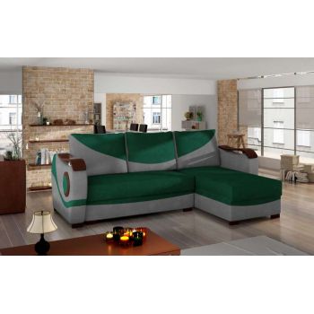 Colțar reversibil extensibil Puerto Green Grey, 90x140x235 cm, spuma/ lemn/ poliester/ plastic, verde/ gri