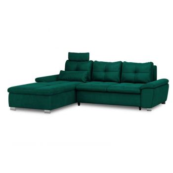 Colțar stânga extensibil Zofia 4 locuri , 112x184x280 cm, catifea/ metal/ plastic/ lemn de pin/ placaj/ pal, verde