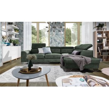 Coltar Astino Kingstone 7/Cayenne 1115 Extensibil cu Arcuri Ondulate si Spuma Poliuretanica, Sezlong pe Dreapta, Suprafata de Dormit 200x120 cm, tapitat cu Stofa, cu Lada de Depozitare, Tetiere Reglabile, l280xA225xH77-95 cm