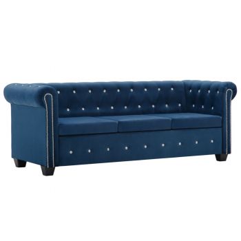 vidaXL Canapea Chesterfield 3 locuri, catifea, 199x75x72 cm, albastru