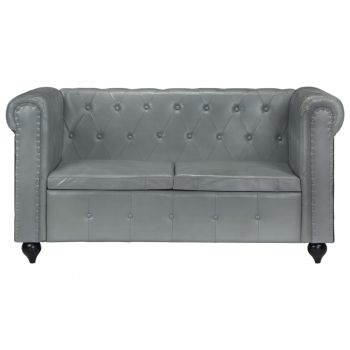 vidaXL Canapea chesterfield cu 2 locuri, gri, piele naturală