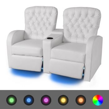 vidaXL Fotoliu rabatabil cu 2 locuri, LED, piele artificială, alb