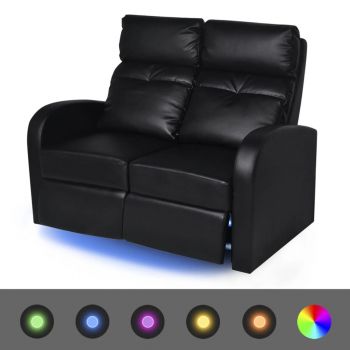 vidaXL Fotoliu rabatabil cu 2 locuri, LED, piele artificială, negru ieftina