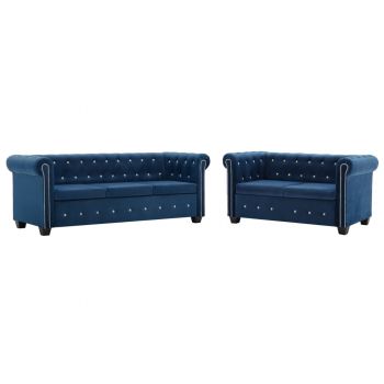 vidaXL Set canapea Chesterfield, 2 buc, tapițerie catifea, albastru