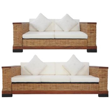 vidaXL Set canapele cu perne, 2 piese, maro, ratan natural