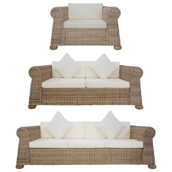 vidaXL Set de canapele cu perne, 3 piese, natural, ratan