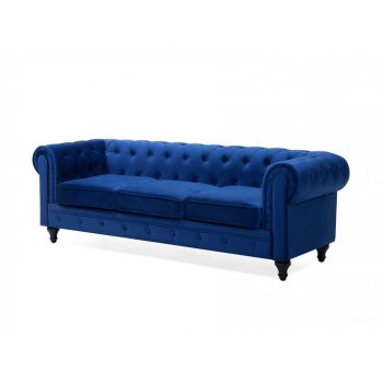 Canapea Chesterfield, lemn masiv, albastru, 201 x 75 x 70 cm