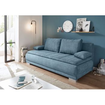 Canapea extensibila cu lada de depozitare, tapitata cu stofa, 3 locuri, Eliana Albastru, l208xA105xH93 cm