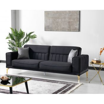 Canapea Nancy Velvet Negru Extensibila cu Spuma Poliuretanica, 3 Locuri, Suprafata de Dormit 190x105 cm, tapitata cu Stofa, Perne Incluse, l237xA88xH87 cm