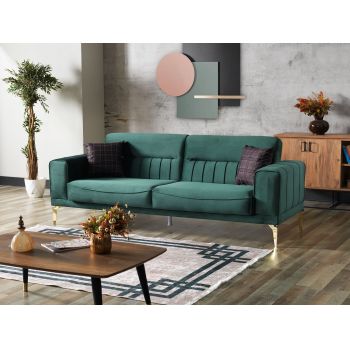 Canapea Nancy Velvet Verde Inchis Extensibila cu Spuma Poliuretanica, 3 Locuri, Suprafata de Dormit 190x105 cm, tapitata cu Stofa, Perne Incluse, l237xA88xH87 cm