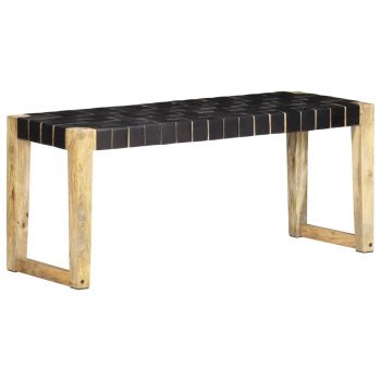vidaXL Bancă, negru, 110 cm, piele naturală și lemn masiv de mango ieftina vidaXL Bancă, negru, 110 cm, piele naturală și lemn masiv de mango ieftina
