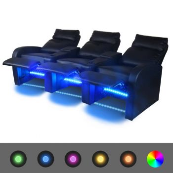 vidaXL Canapea rabatabilă cu LED, 3 locuri, negru, piele artificială