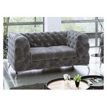 Canapea 2 locuri Ropez, Chesterfield Chelsea Gray, 186x97x73 cm - ROPEZ, Gri & Argintiu