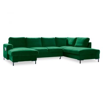 Canapea extensibilă din catifea în formă de „U” cu șezlong pe partea dreaptă Miuform Lofty Lilly, verde