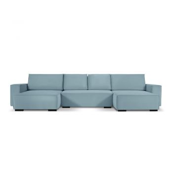 Canapea extensibilă din catifea în formă de U Mazzini Sofas Azalea, albastru deschis