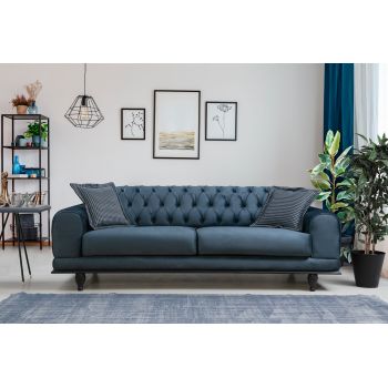 Canapea Arredo Velvet Bleumarin Functie Sleep, cu Arcuri si Spuma Poliuretanica, 3 Locuri, Suprafata de Dormit 175x93 cm, tapitata cu Stofa Easy Clean, Spatar Reversibil, Perne Incluse, l220xA95xH80 cm