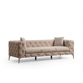Canapea Como Velvet Ecru Fixa cu Spuma Poliuretanica, 3 Locuri, tapitata cu Stofa Easy Clean, Perne Incluse, l237xA90xH73 cm