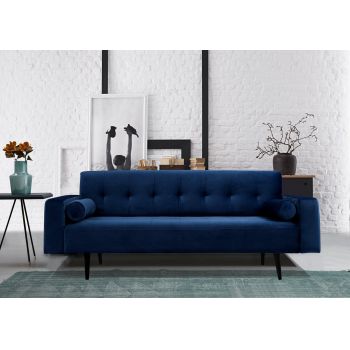 Canapea Derry Velvet Bleumarin Extensibila, cu Spuma Poliuretanica, 3 Locuri, Suprafata de Dormit 173x104 cm, tapitata cu Stofa Easy Clean, Perne Incluse, l205xA88xH80 cm