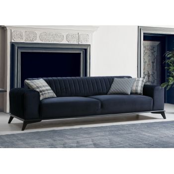 Canapea Lisa Velvet Bleumarin Functie Sleep, cu Spuma Poliuretanica, 3 Locuri, Suprafata de Dormit 180x92 cm, tapitata cu Stofa Easy Clean, Spatar Reversibil, Perne Incluse, l220xA92xH77 cm