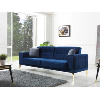 Canapea Nancy Velvet Bleumarin Extensibila cu Spuma Poliuretanica, 3 Locuri, Suprafata de Dormit 190x105 cm, tapitata cu Stofa, Perne Incluse, l237xA88xH87 cm