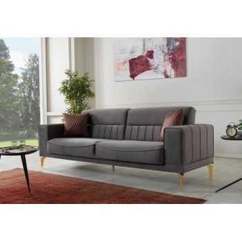 Canapea Nancy Velvet Gri Extensibila cu Spuma Poliuretanica, 3 Locuri, Suprafata de Dormit 190x105 cm, tapitata cu Stofa, Perne Incluse, l237xA88xH87 cm