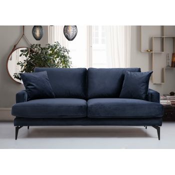 Canapea Papira Velvet Bleumarin Fixa cu Spuma Poliuretanica, 2 Locuri, tapitata cu Stofa Easy Clean, Perne Incluse, l175xA90xH88 cm