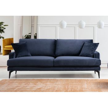 Canapea Papira Velvet Bleumarin Fixa cu Spuma Poliuretanica, 3 Locuri, tapitata cu Stofa Easy Clean, Perne Incluse, l205xA90xH88 cm