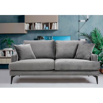 Canapea Papira Velvet Gri Fixa cu Spuma Poliuretanica, 2 Locuri, tapitata cu Stofa Easy Clean, Perne Incluse, l175xA90xH88 cm