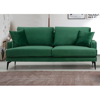 Canapea Papira Velvet Verde Fixa cu Spuma Poliuretanica, 2 Locuri, tapitata cu Stofa Easy Clean, Perne Incluse, l175xA90xH88 cm