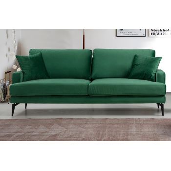 Canapea Papira Velvet Verde Fixa cu Spuma Poliuretanica, 3 Locuri, tapitata cu Stofa Easy Clean, Perne Incluse, l205xA90xH88 cm