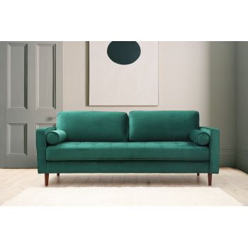 Canapea Rome Velvet Verde Fixa cu Spuma Poliuretanica, 3 Locuri, tapitata cu Stofa Easy Clean, Perne Incluse, l215xA90xH70 cm