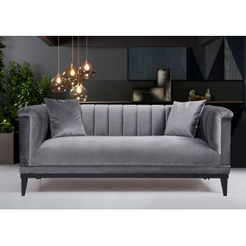 Canapea Trendy Velvet Gri Inchis Fixa cu Spuma Poliuretanica, 2 Locuri, tapitata cu Stofa Easy Clean, Perne Incluse, l190xA89xH79 cm