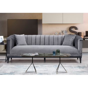 Canapea Trendy Velvet Gri Inchis Fixa cu Spuma Poliuretanica, 3 Locuri, tapitata cu Stofa Easy Clean, Perne Incluse, l225xA89xH79 cm