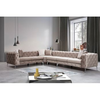 Coltar Como Velvet Bej Fix cu Spuma Poliuretanica, Sezlong pe Stanga, tapitat cu Stofa Easy Clean, Perne Incluse, l350xA270xH73 cm