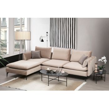 Coltar Felix Velvet Bej Fix cu Spuma Poliuretanica, Universal (pe Stanga sau pe Dreapta), tapitat cu Stofa Easy Clean, Perne Incluse, l289xA186xH87 cm