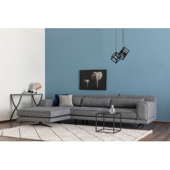 Coltar Jivago Gri Inchis Fix cu Arcuri si Spuma Poliuretanica, Sezlong pe Stanga, tapitat cu Stofa Easy Clean, Perne Incluse, l308xA198xH78 cm