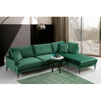 Coltar Papira Velvet Verde Fix cu Spuma Poliuretanica, Sezlong pe Dreapta, tapitat cu Stofa Easy Clean, Perne Incluse, l283xA180xH88 cm