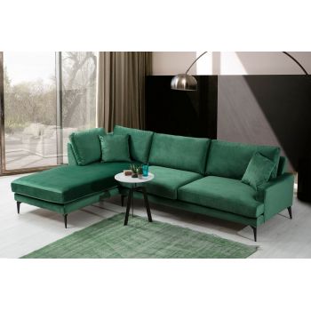 Coltar Papira Velvet Verde Fix cu Spuma Poliuretanica, Sezlong pe Stanga, tapitat cu Stofa Easy Clean, Perne Incluse, l283xA180xH88 cm