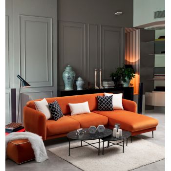 Coltar Sevilla Velvet Portocaliu Fix cu Arcuri si Spuma Poliuretanica, Sezlong pe Dreapta, tapitat cu Stofa Easy Clean, Perne Incluse, l270xA170xH85 cm
