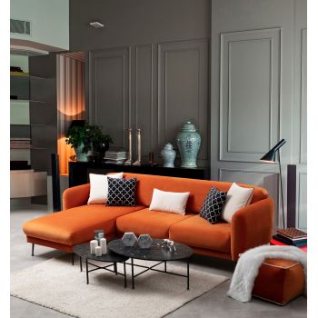 Coltar Sevilla Velvet Portocaliu Fix cu Arcuri si Spuma Poliuretanica, Sezlong pe Stanga, tapitat cu Stofa Easy Clean, Perne Incluse, l270xA170xH85 cm