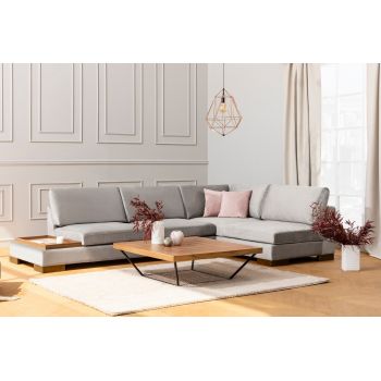 Coltar Tulip Velvet Gri Deschis Fix cu Spuma Poliuretanica, Sezlong pe Dreapta, tapitat cu Stofa Easy Clean, Tava Servire Inclusa, Perne Incluse, l313xA193xH80 cm