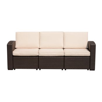 Outsunny Canapea de Exterior 3 Locuri, PE Rattan, cu Perne Confortabile, Maro, 199x71x75cm | Aosom Romania